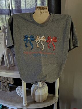 Gildan Gray Tee with Blue, Cream & Red Bows